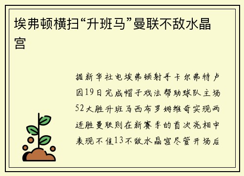 埃弗顿横扫“升班马”曼联不敌水晶宫